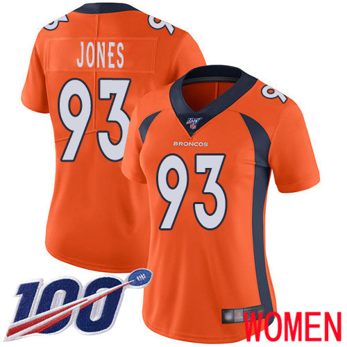 Women Denver Broncos #93 Dre Mont Jones Orange Team Color Vapor Untouchable Limited Player 100th Season Football NFL Jersey